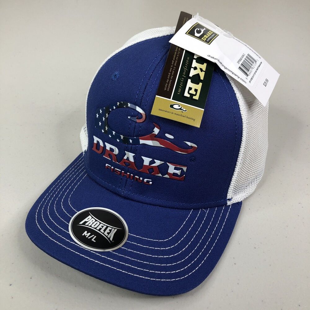 Drake Fishing Hat Cap Mens M/L Blue Stretch Fit DPF American Flag Logo New NWT